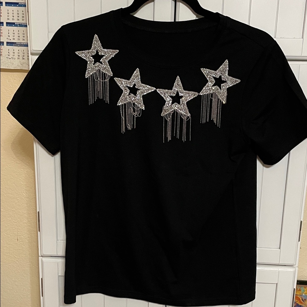 Elegant Black Star Embellished Women's Tee